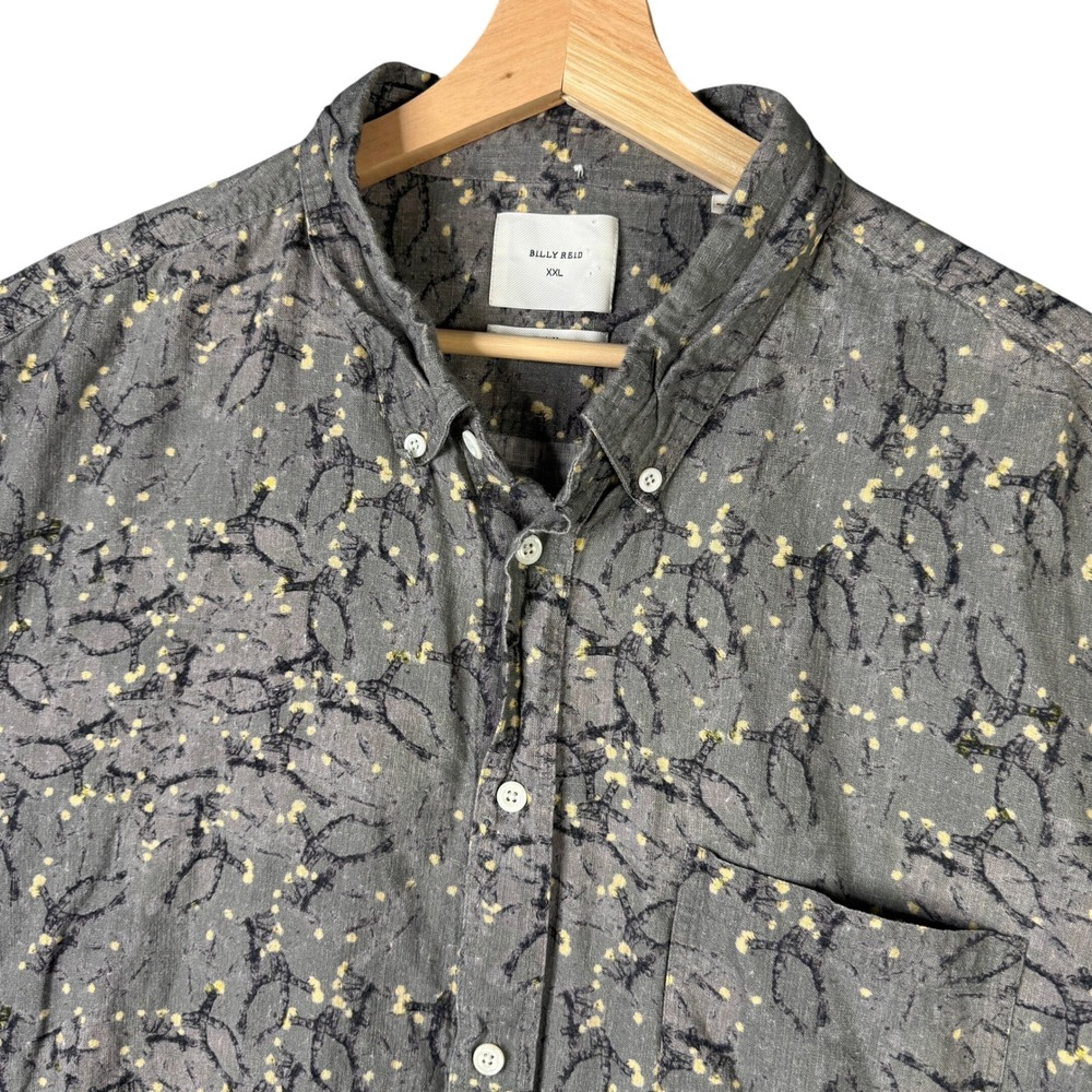 Billy Reid Tuscumbia Shirt XXL Grey Yellow Abstract Cotton Linen Short Sleeve